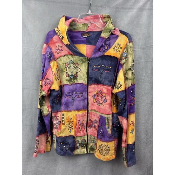 Rising International Patchwork Hoodie Jacket Womens Size L Hippie Boho Tie Dye - Picture 1 of 13